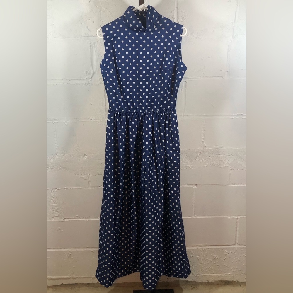 John Meyer Turtle Neck Maxi Dress Size 14 Blue & White Polka Dot Sleeveless